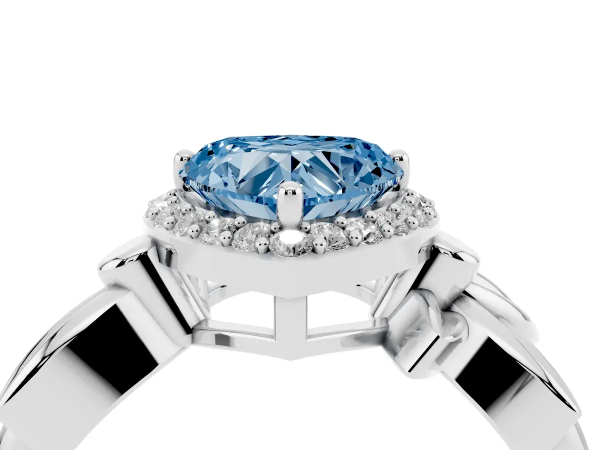 Fancy Blue Heart Cut Halo Diamond Floral Band with Four-Prong Setting Silver