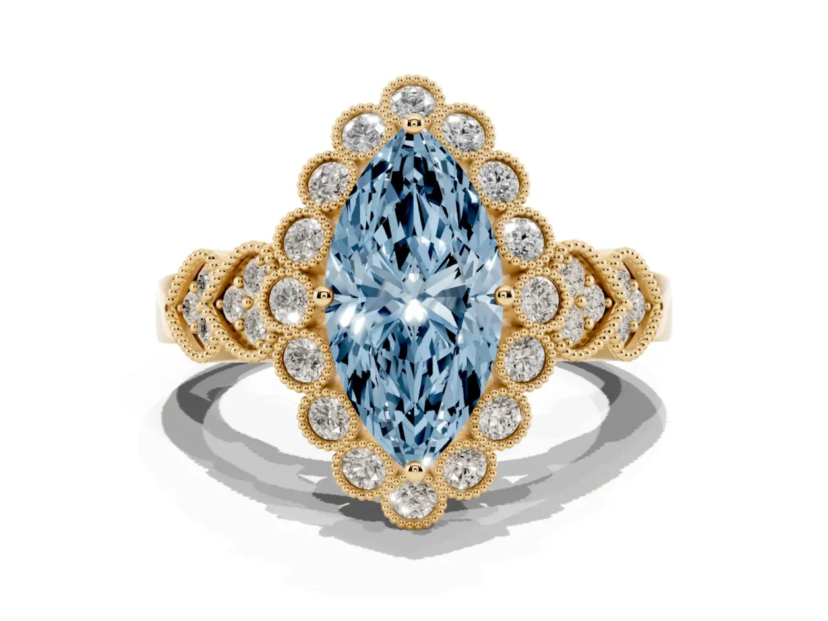 Fancy Blue Marquise Cut Brilliant Milgrain Pave Heart Band Solitaire Ring Yellow gold