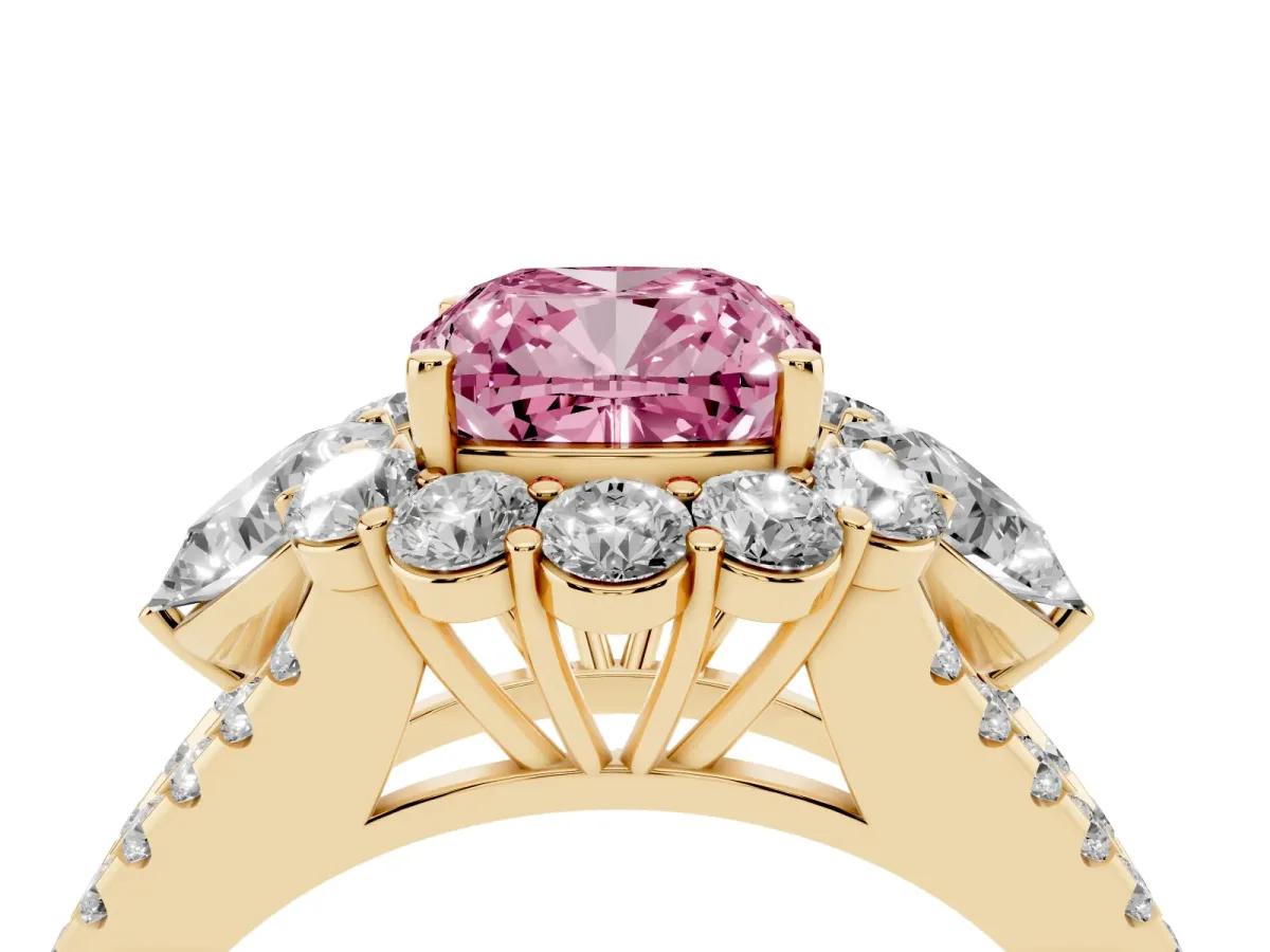 Fancy Pink Cushion Cut Halo Split Shank Diamond Engagement Ring with Prong Setting Yellow gold
