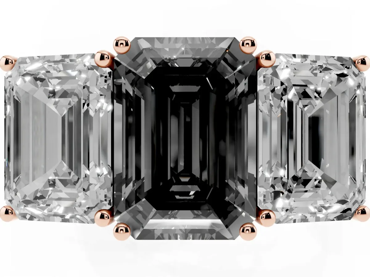 Fancy Black Emerald Cut Diamond Three-Stone Ring with Prong Setting and Textured Band Rose gold