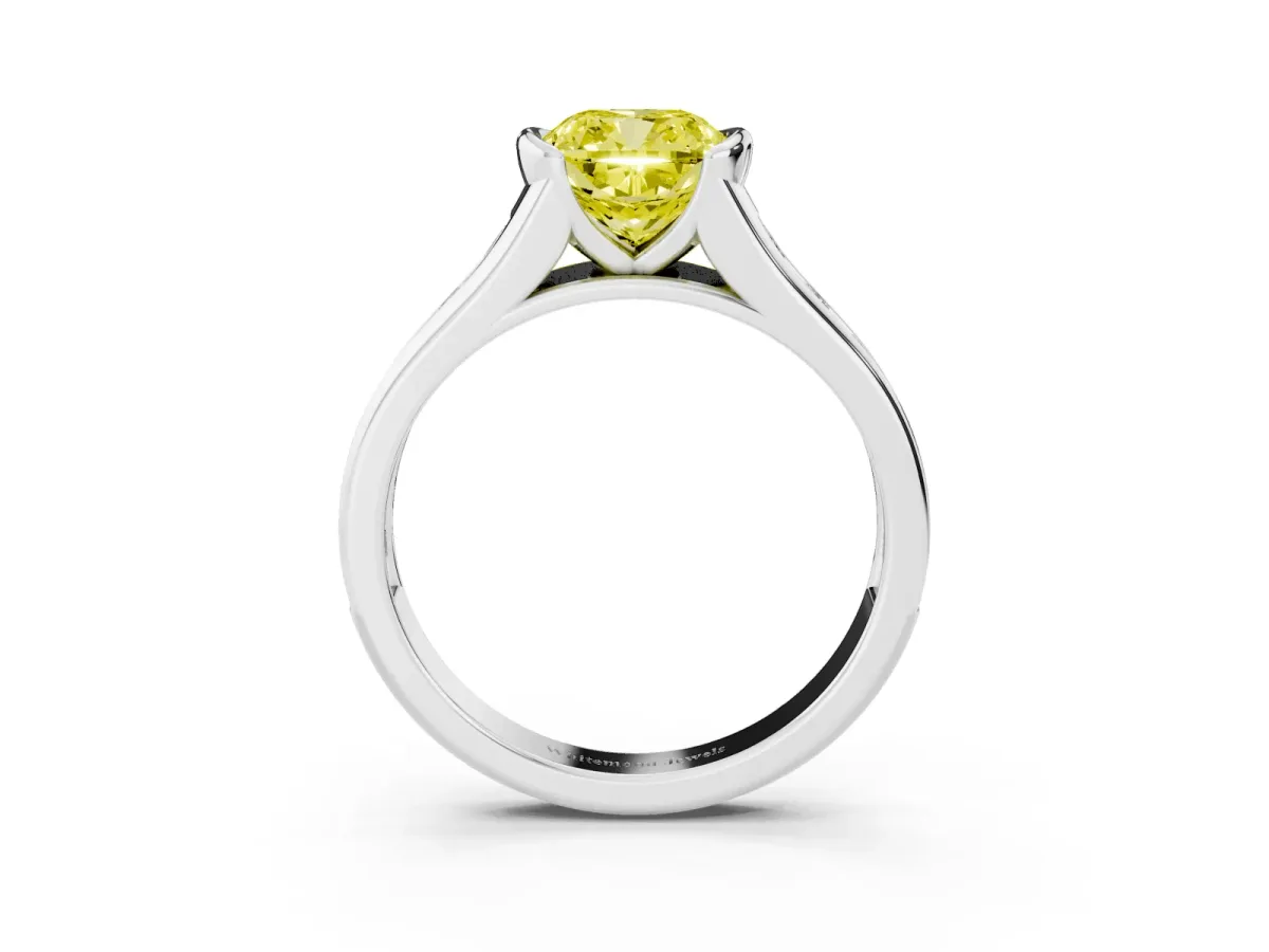 Fancy Yellow Cushion Cut Solitaire Bezel-Set Diamond Ring with Channel-Set Band Silver