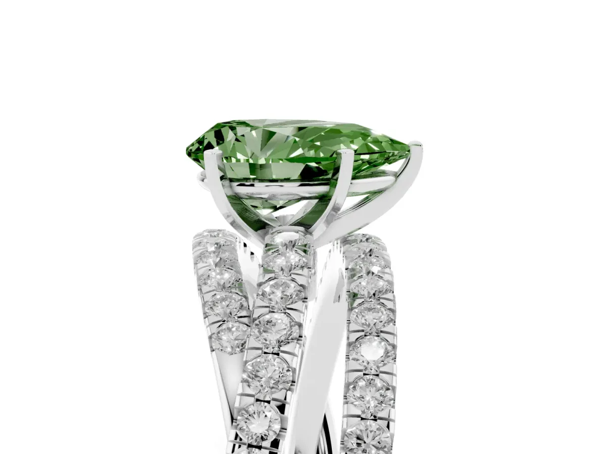 Fancy Green Pear Cut Solitaire Twist Band with Pavé Setting and Four-Prong Setting Silver