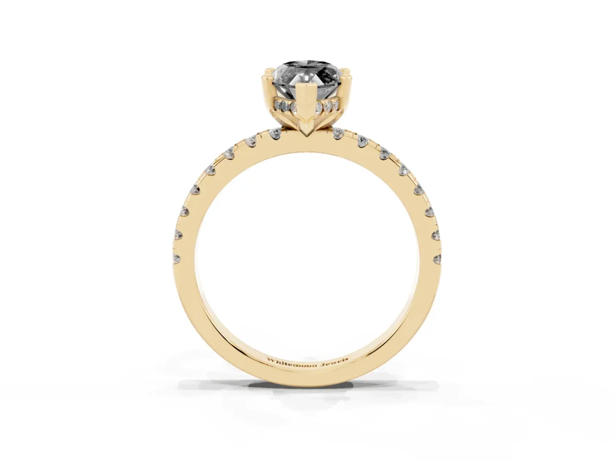 Fancy Black Marquise Cut Diamond Solitaire Ring with Round Pavé Band and Four-Prong Setting Yellow gold