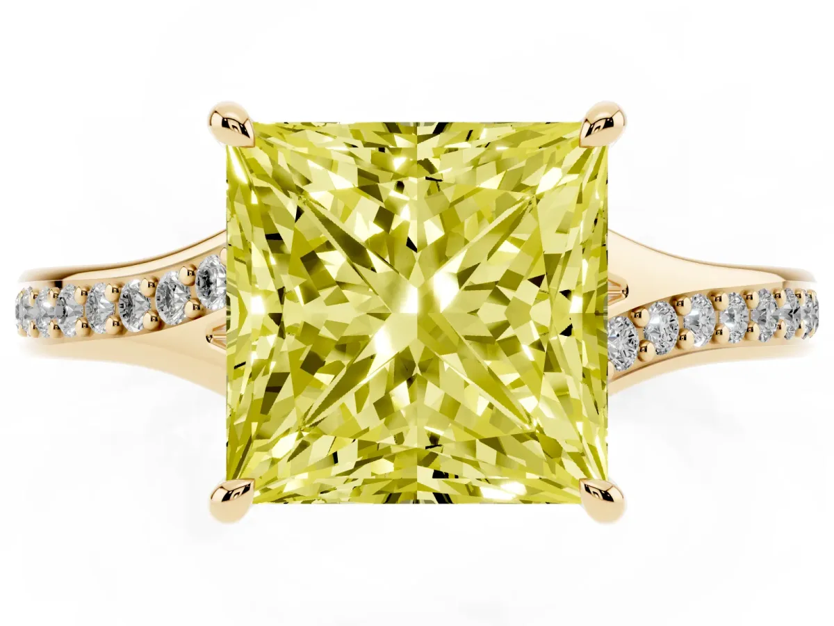Fancy Yellow Princess Cut Diamond Solitaire Ring with Pavé Band and Prong Setting Yellow gold