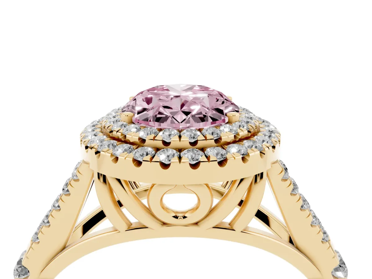 Fancy Pink Oval Cut Cut Double Halo Split Shank Diamond Ring with Prong Setting Yellow gold