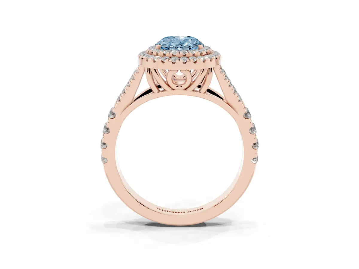 Fancy Blue Oval Cut Cut Double Halo Split Shank Diamond Ring with Prong Setting Rose gold