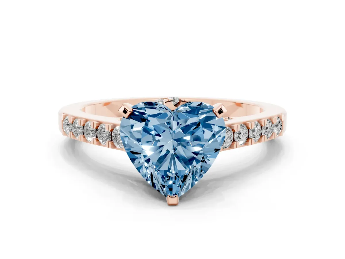 Fancy Blue Heart Cut Diamond Solitaire Ring with Crossover Gallery and Round Pavé Band Rose gold