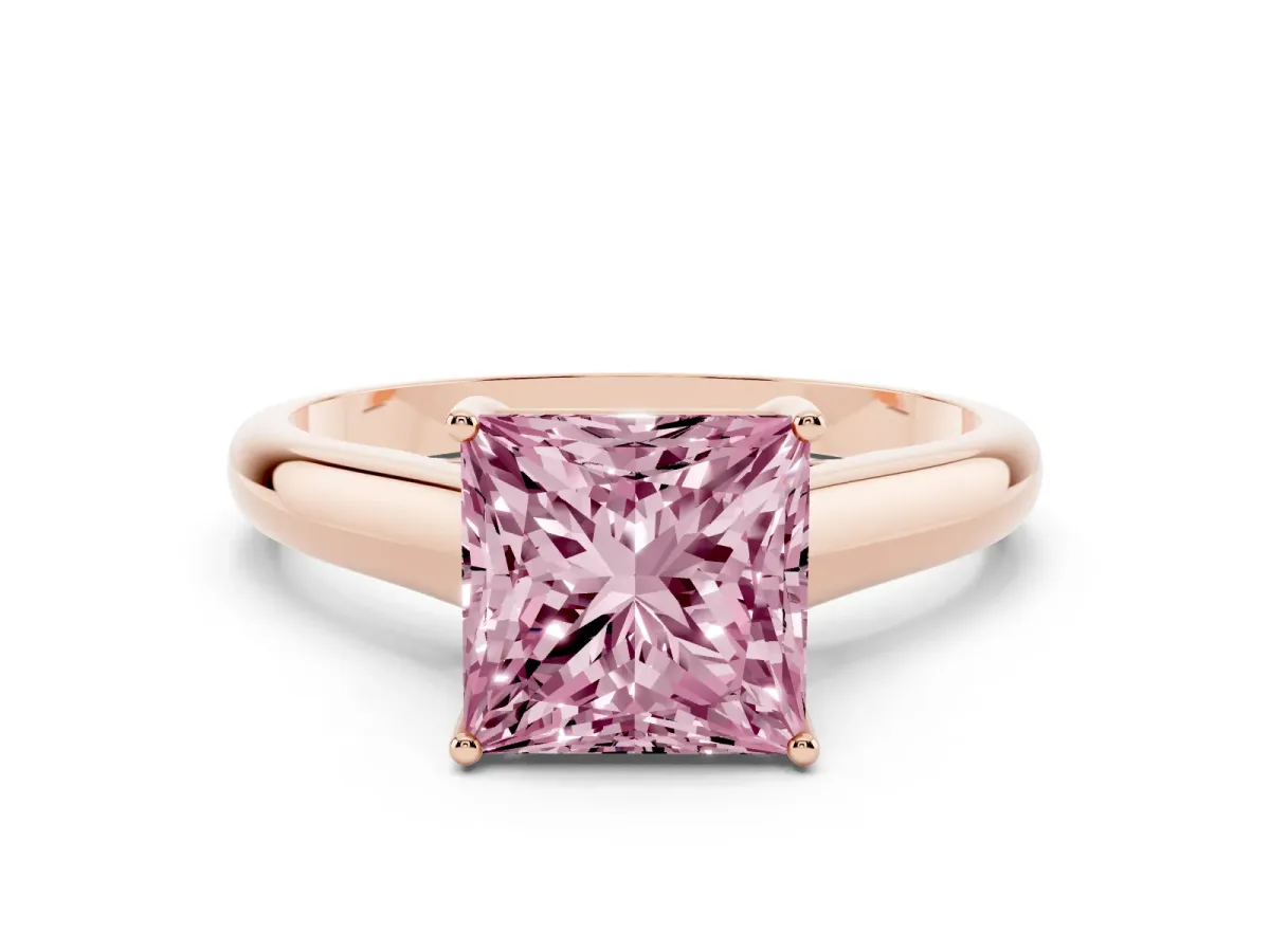 Fancy Pink Princess Cut Solitaire Engagement Ring with Tapered Band and Four-Prong Setting Rose gold