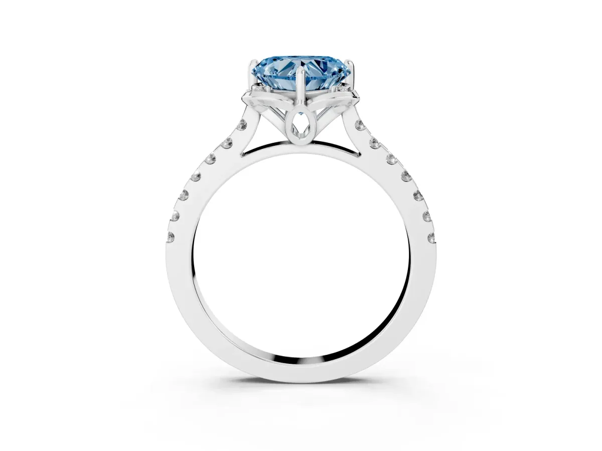 Fancy Blue Heart Cut Diamond Ring with Pavé Band and Floral Prong Setting White gold