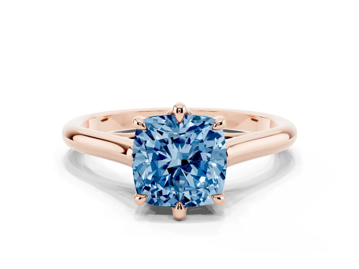 Fancy Blue Cushion Cut Solitaire Engagement Ring with Six-Prong Setting and Classic Band Rose gold