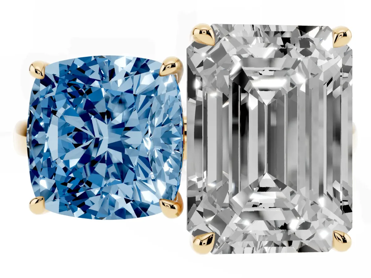 Fancy Blue Cushion Cut and Emerald Cut Toi Moi Ring with Prong Setting Yellow gold