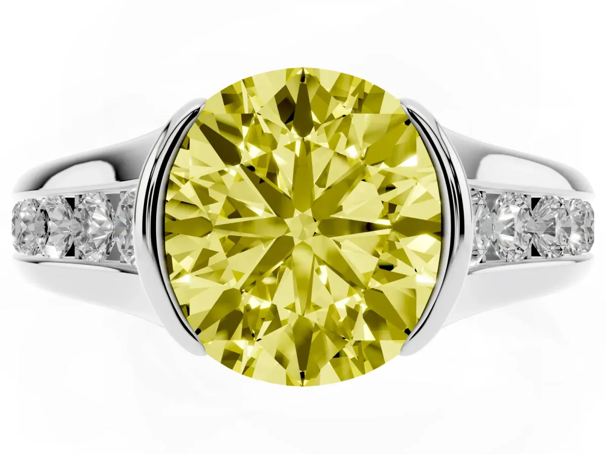 Fancy Yellow Round Cut Solitaire Bezel-Set Diamond Ring with Channel-Set Band Silver