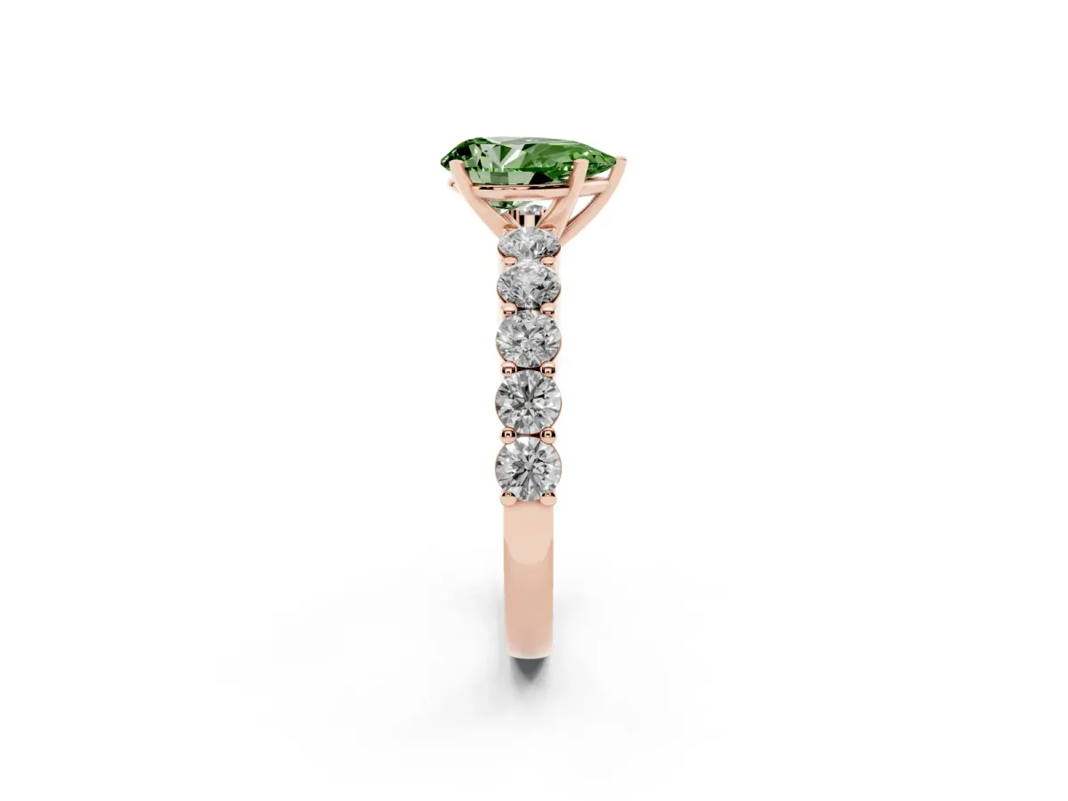 Fancy Green Pear Cut Diamond Solitaire Ring with Shared Prong Round Side Stones Rose gold