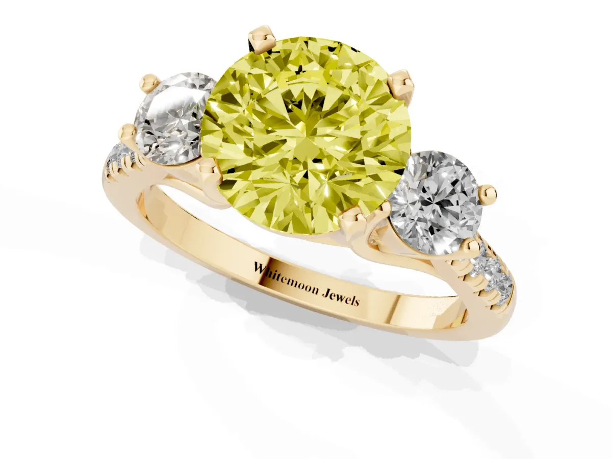 Fancy Yellow Three-Stone Round Cut Diamond Pavé Band with Four-Prong Setting Yellow gold