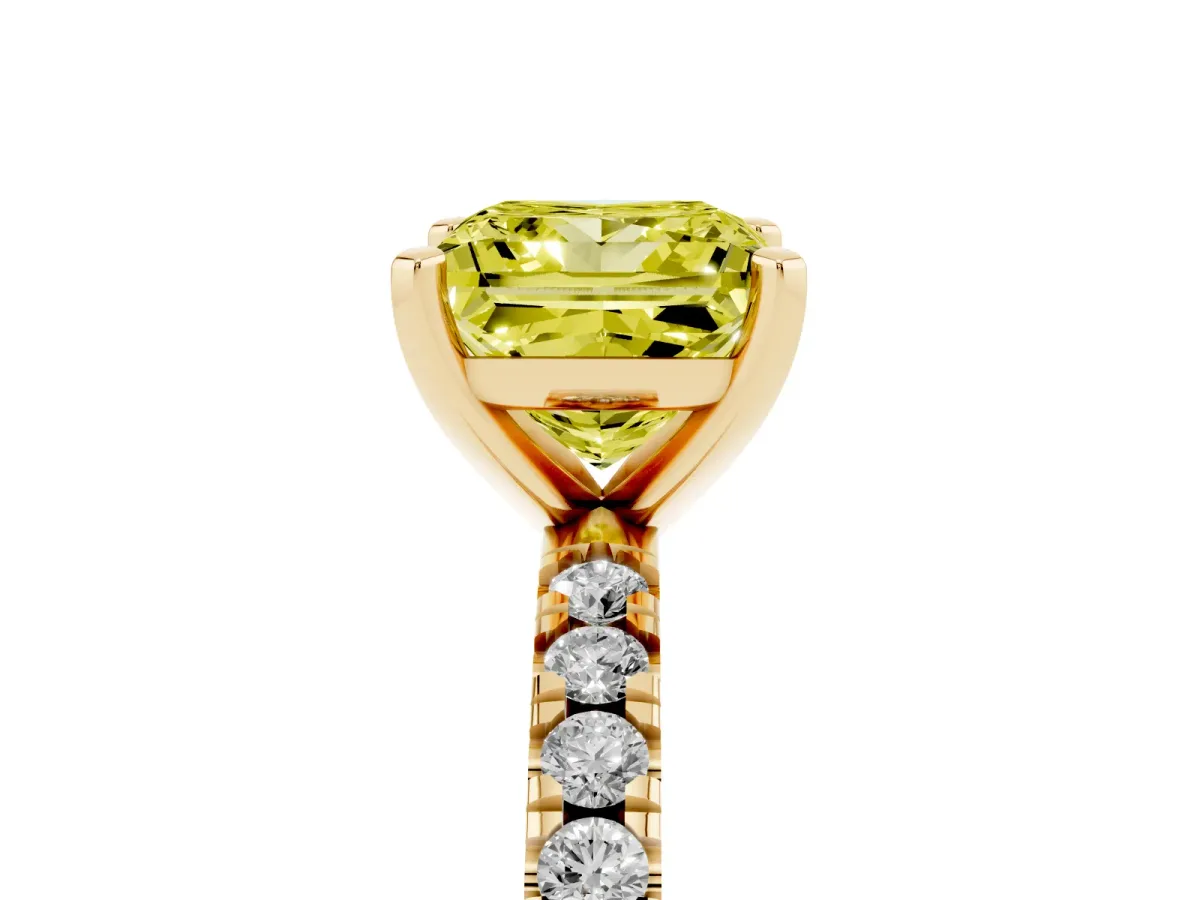 Fancy Yellow Princess Cut Diamond Pavé Band Solitaire with Four-Prong Setting Yellow gold