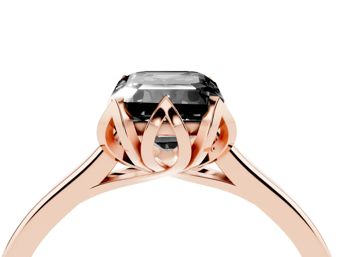 Fancy Black Emerald Cut Diamond Solitaire Ring with Flower Prong Setting and Classic Band Rose gold