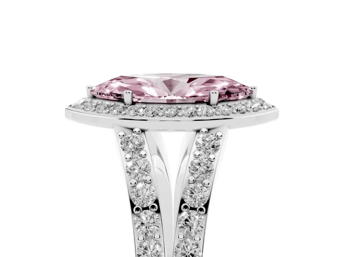 Fancy Pink Marquise Cut Diamond Split Shank Halo Ring with Four-Prong Setting Platinum