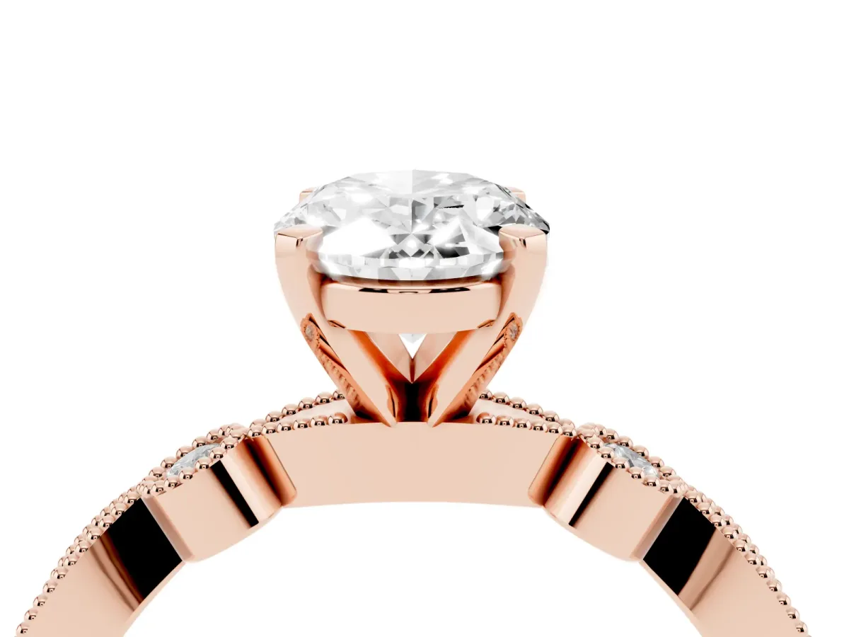 Oval Cut Milgrain Bezel Diamond Engagement Ring with Solitaire Prong Setting Rose gold