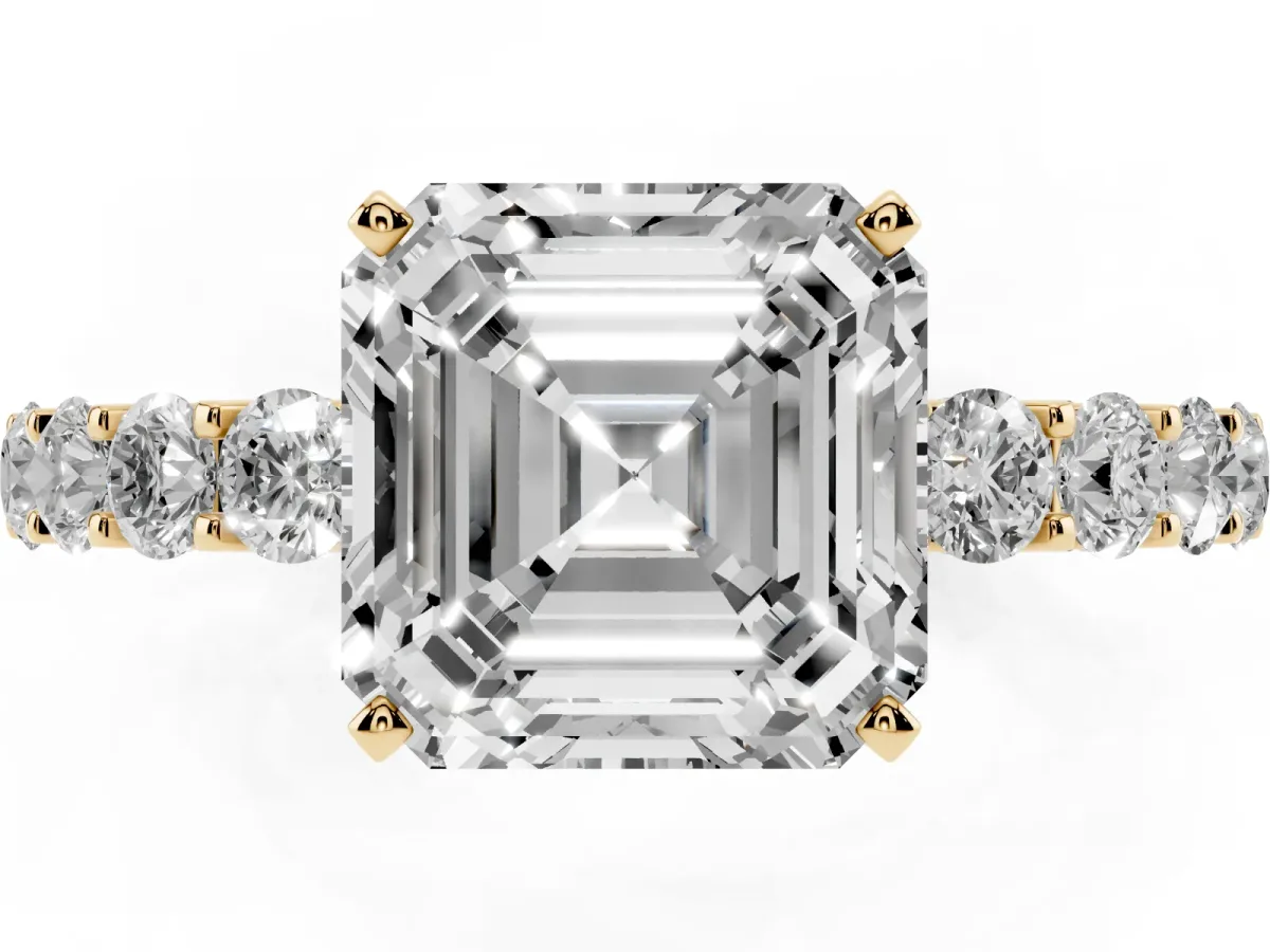Asscher Cut Diamond Solitaire Ring with Shared Prong Pavé Band and Four-Prong Setting Yellow gold