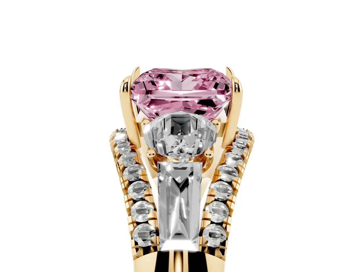 Fancy Pink Three-Stone Princess Cut Diamond Engagement Ring with Pave Band and Prong Setting Yellow gold