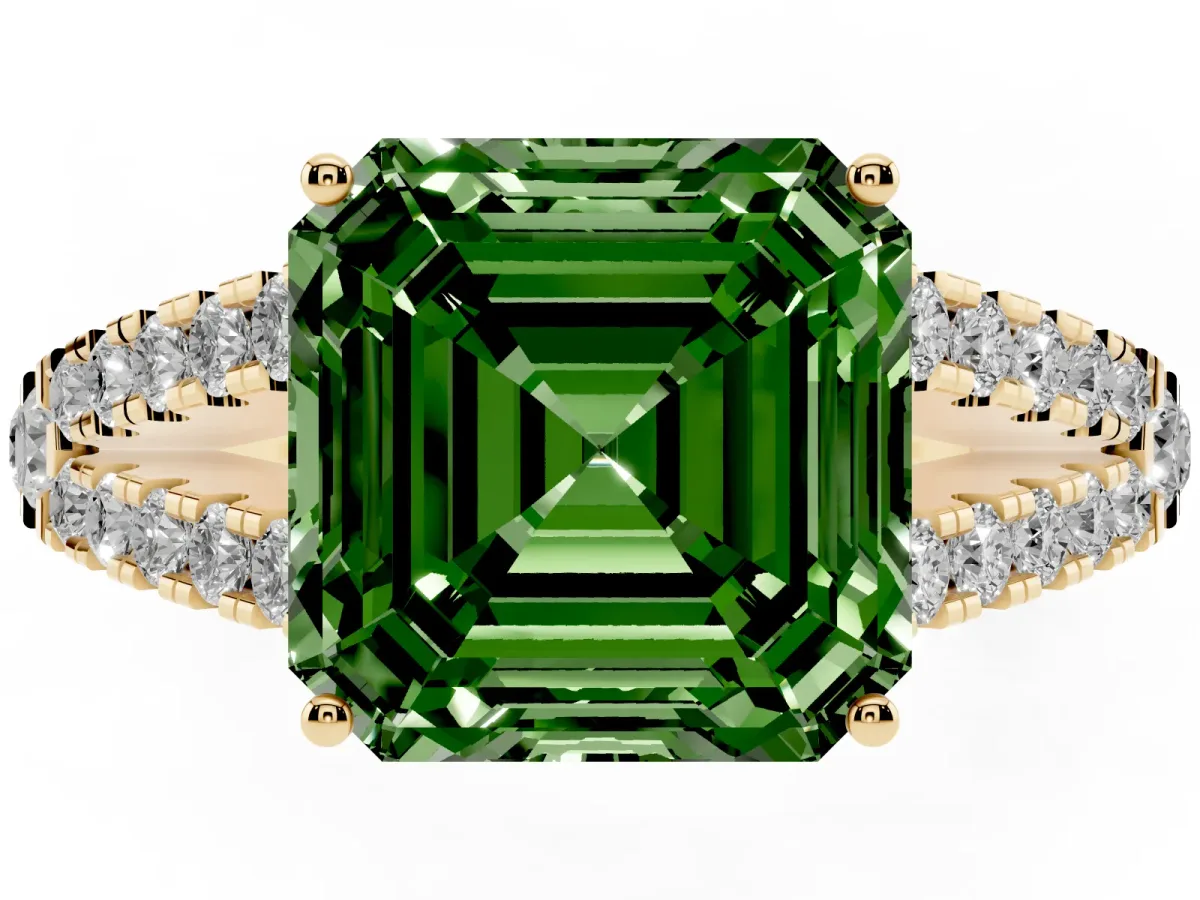 Fancy Green Asscher Cut Diamond Split Shank Engagement Ring with Round Pavé and Prong Setting Yellow gold