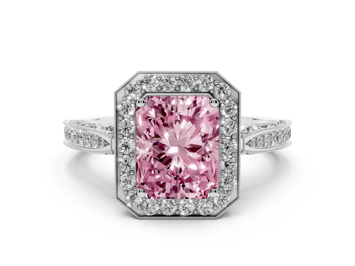 Fancy Pink Radiant Cut Halo Diamond Engagement Ring with Split Shank Band and Four-Prong Setting Silver
