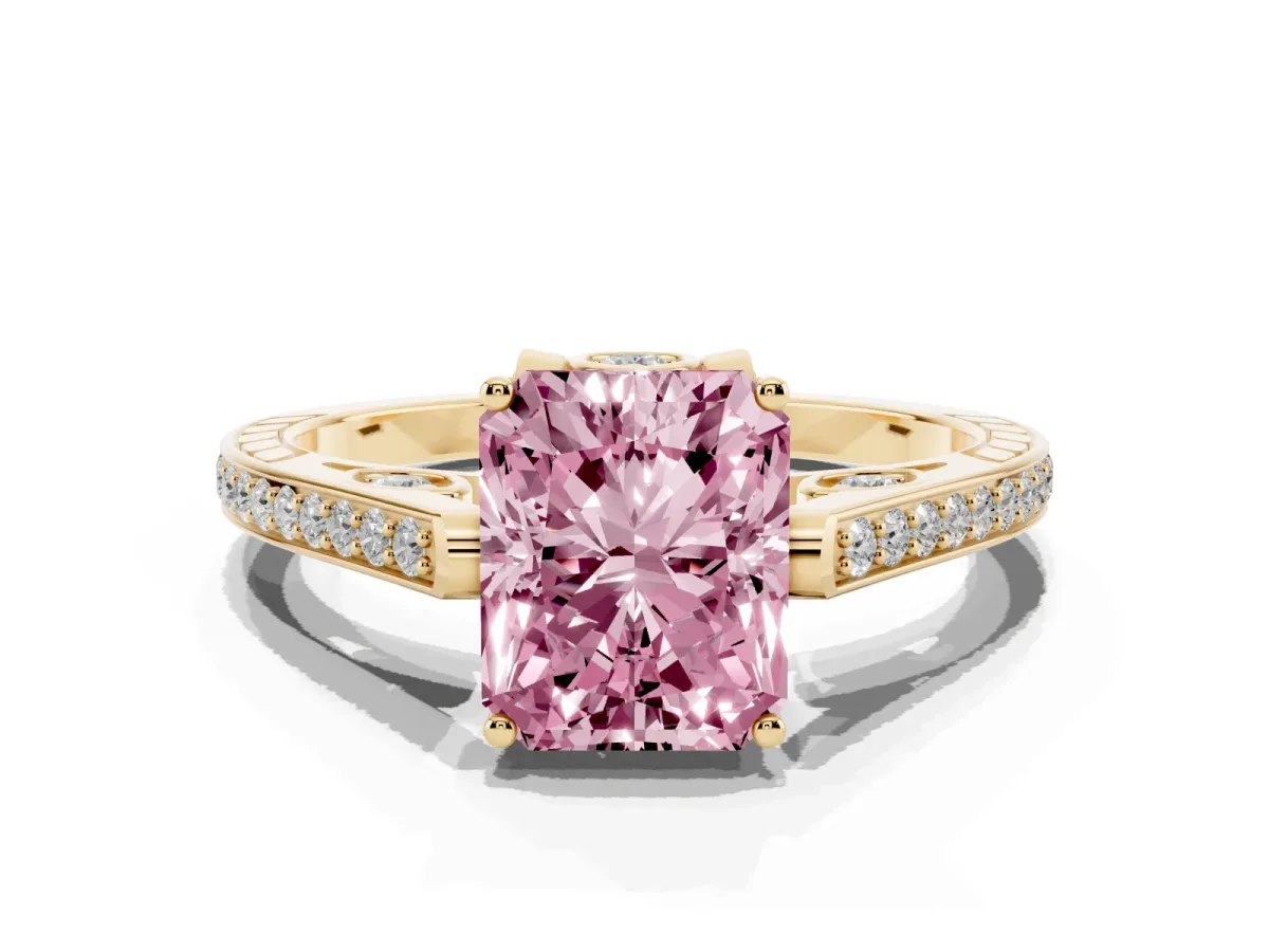 Fancy Pink Radiant Cut Cut Cathedral Pave Diamond Engagement Ring with Six-Prong Setting Yellow gold