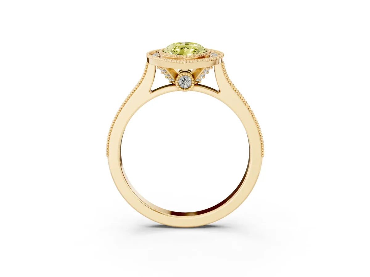 Fancy Yellow Halo Marquise Cut-Cut Diamond Pave Band Milgrain Prong Setting Ring Yellow gold