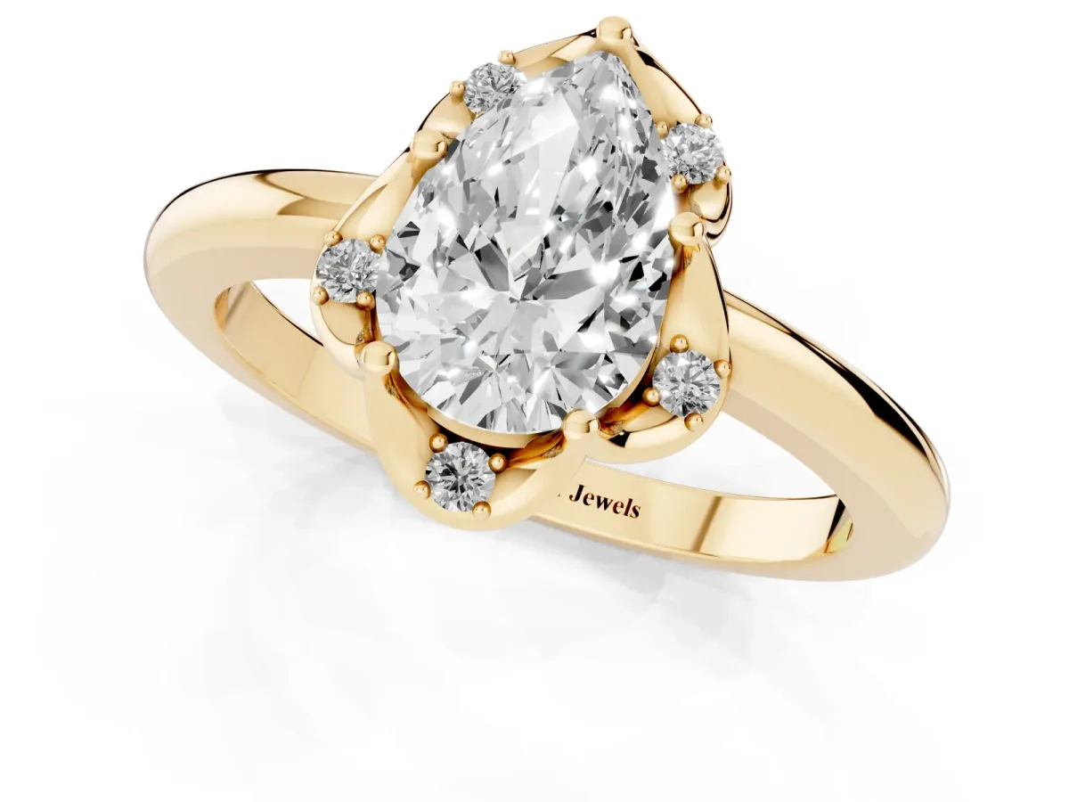 Pear Cut Halo Diamond Ring with Round Cluster Setting, Solitaire Band, and Four-Prong Setting Yellow gold