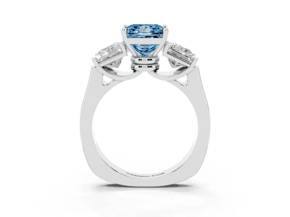 Fancy Blue Three-Stone Princess Cut Brilliant Diamond Trellis Ring with Comfort Fit Band White gold