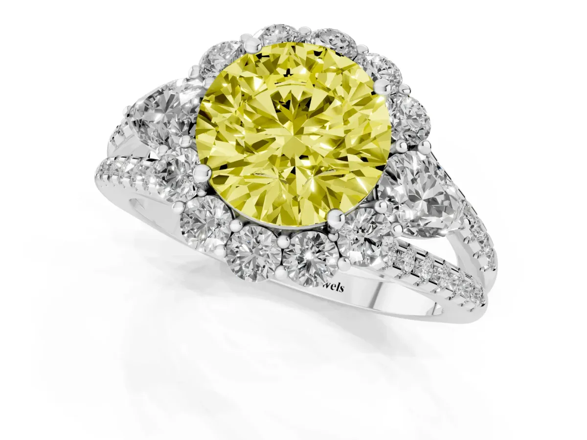 Fancy Yellow Round Cut Halo Split Shank Diamond Engagement Ring with Prong Setting Silver