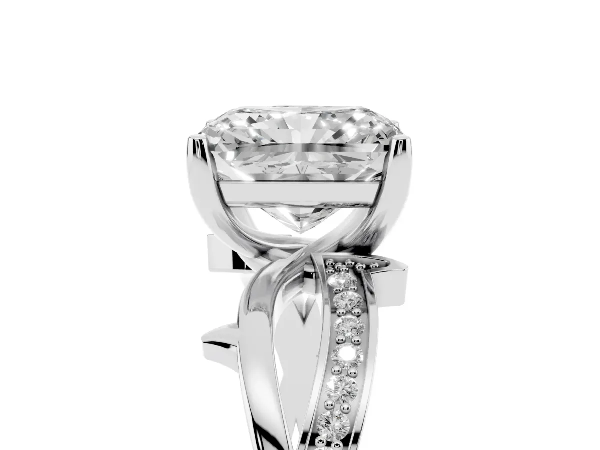 Radiant Cut Solitaire Twist Band with Pavé Accents and Four-Prong Setting White gold