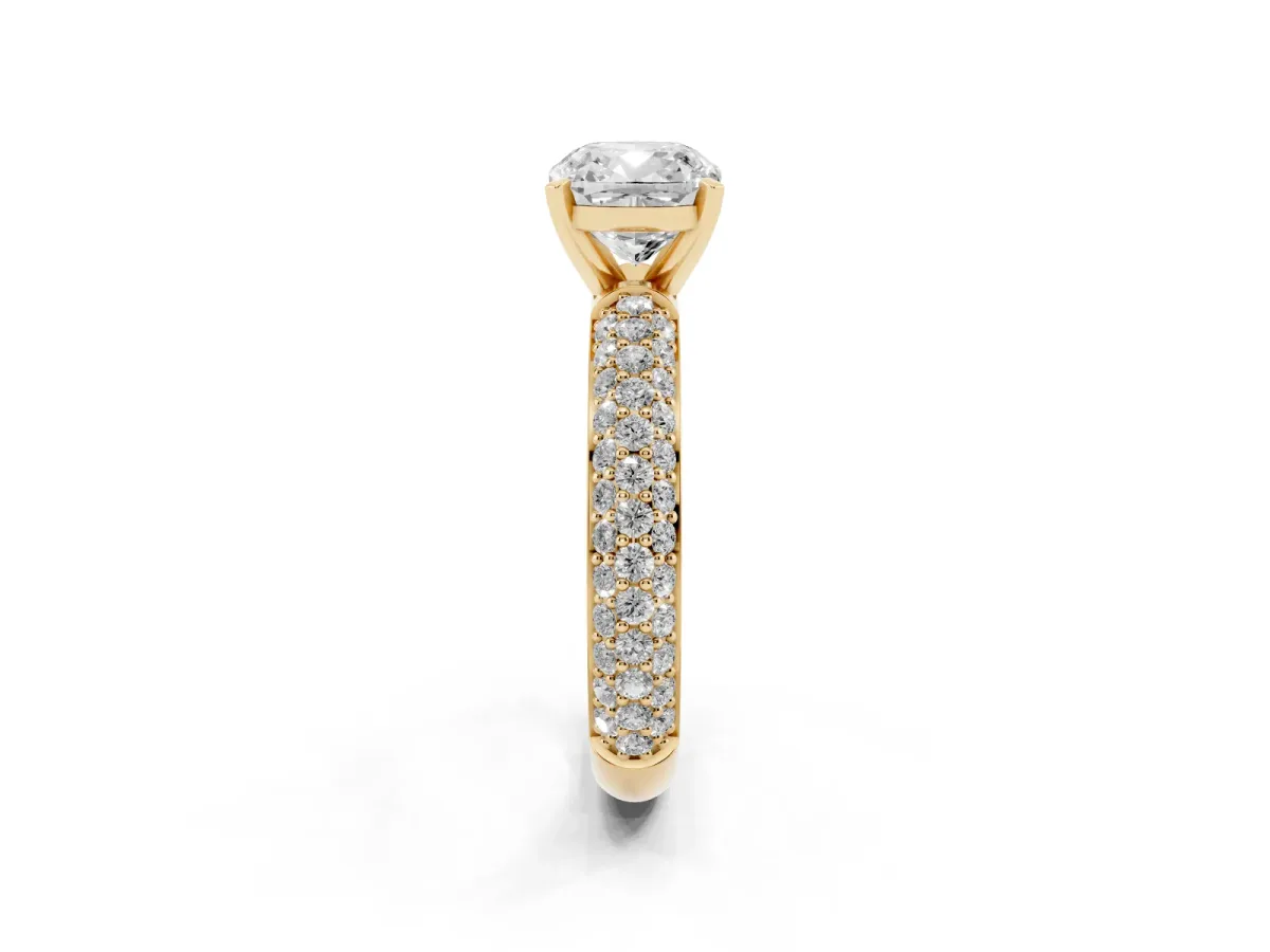 Cushion Cut Diamond Solitaire Ring with Prong Setting and Pavé Band Yellow gold