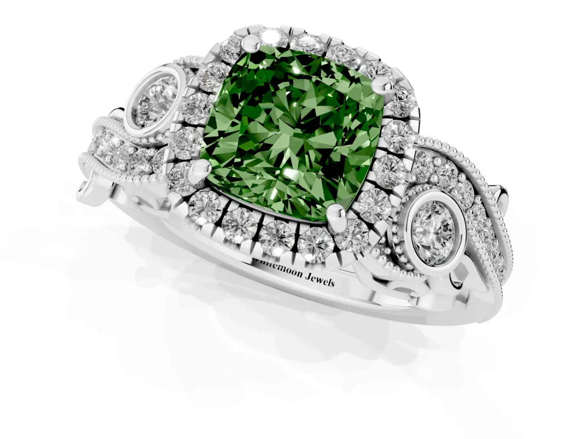 Fancy Green Cushion Cut Halo Diamond Ring with Milgrain and Bezel Accents on a Split Shank Band White gold