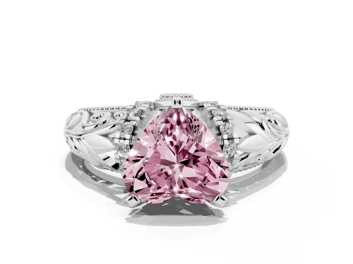 Fancy Pink Heart Cut Solitaire Filigree Engagement Ring with Halo and Prong Setting Platinum