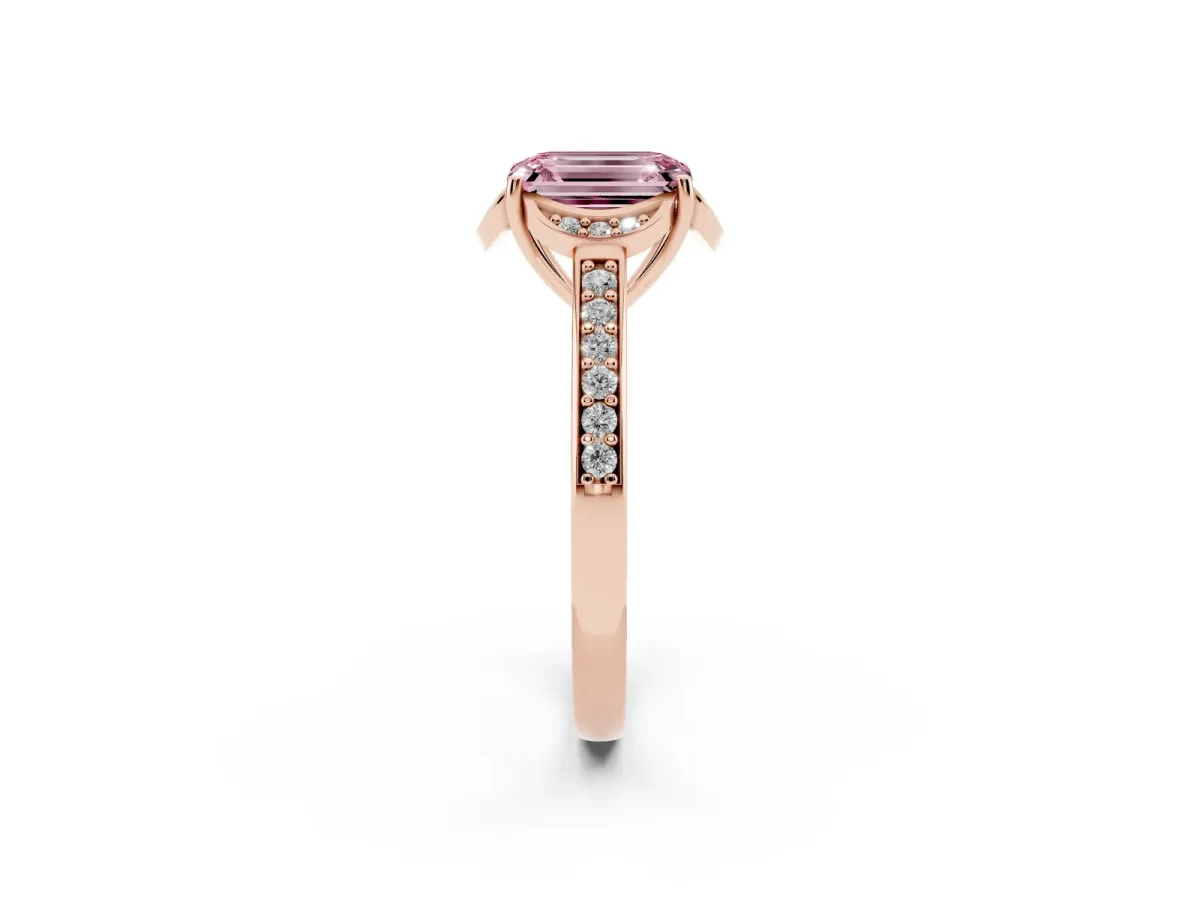 Fancy Pink Emerald Cut Cut Halo Diamond Ring with Channel Set Band and Four-Prong Setting Rose gold
