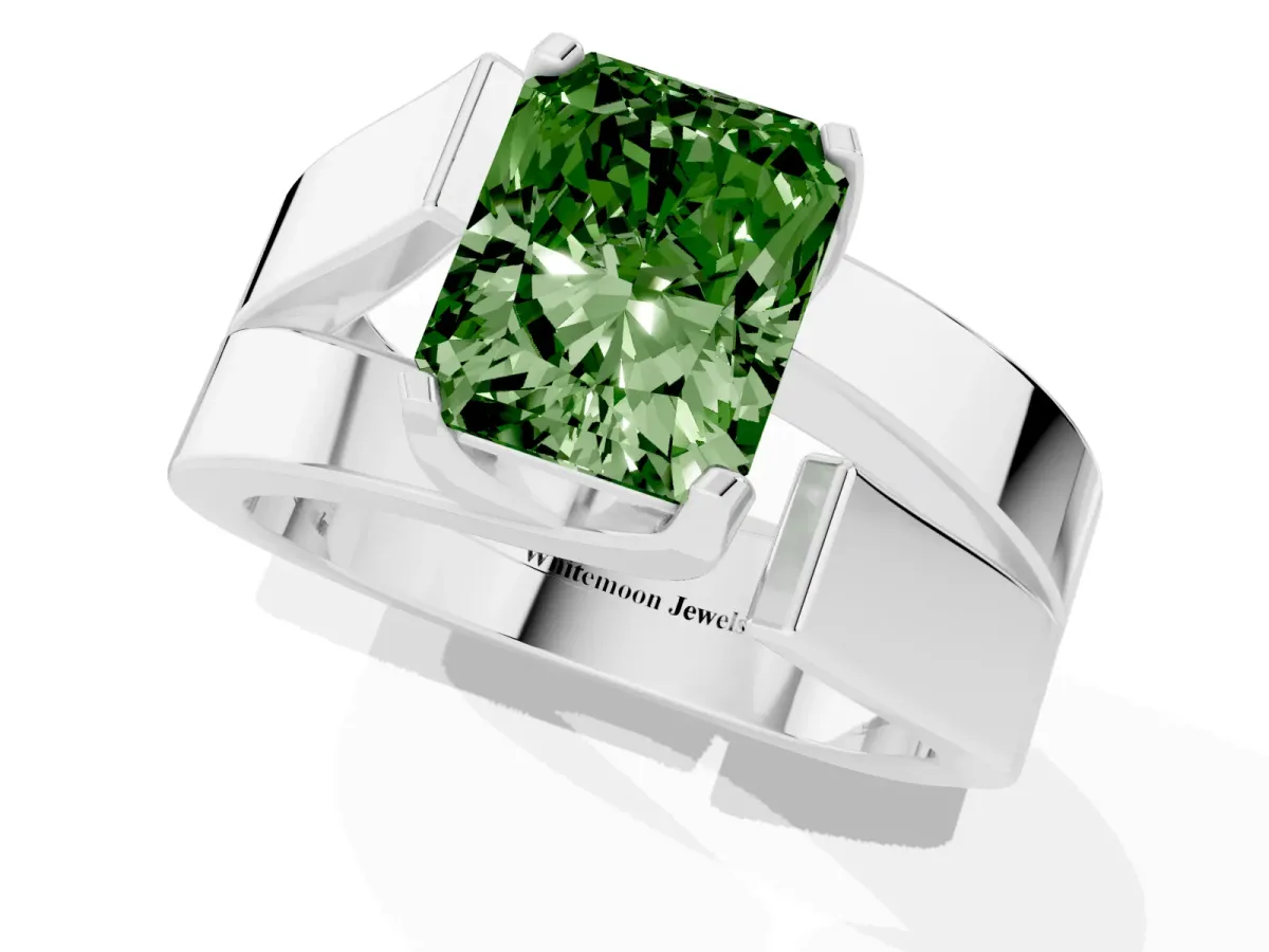 Fancy Green Modern Tension Set Radiant Cut Diamond Solitaire Wide Band Ring Platinum