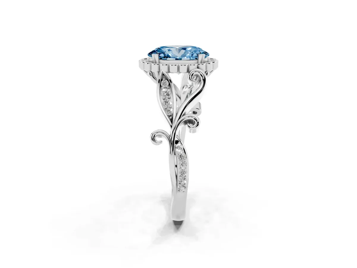 Fancy Blue Oval Cut Diamond Halo Ring with Vintage Split Shank and Four-Prong Setting Silver