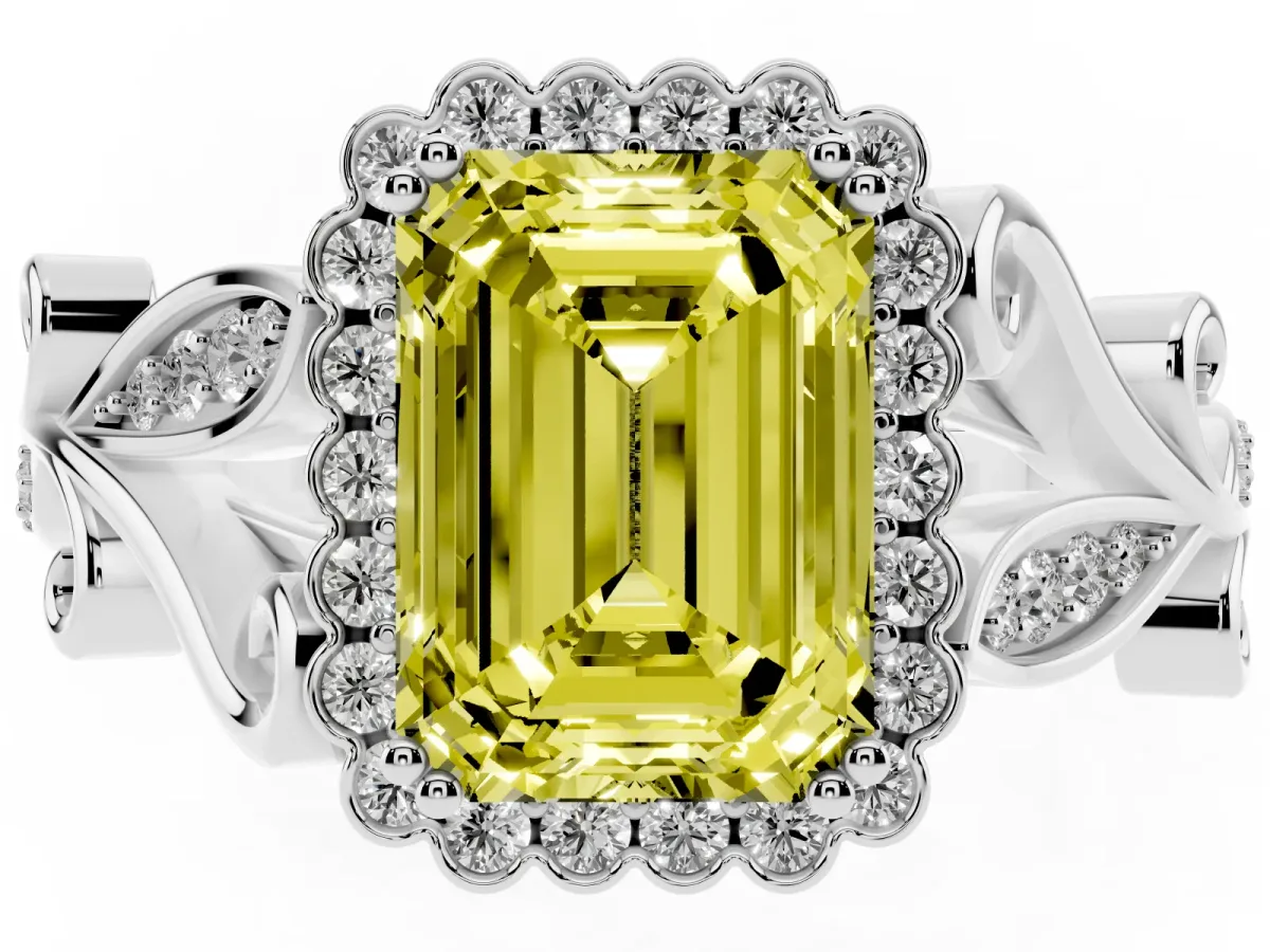 Fancy Yellow Emerald Cut Diamond Halo Ring with Vintage Split Shank and Four-Prong Setting Silver