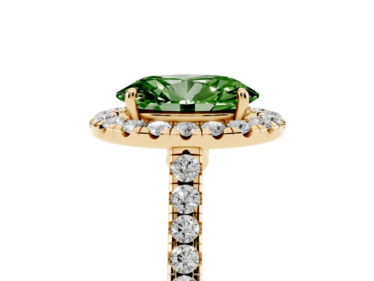 Fancy Green Oval Cut Halo Pave Diamond Engagement Ring with Four-Prong Setting Yellow gold