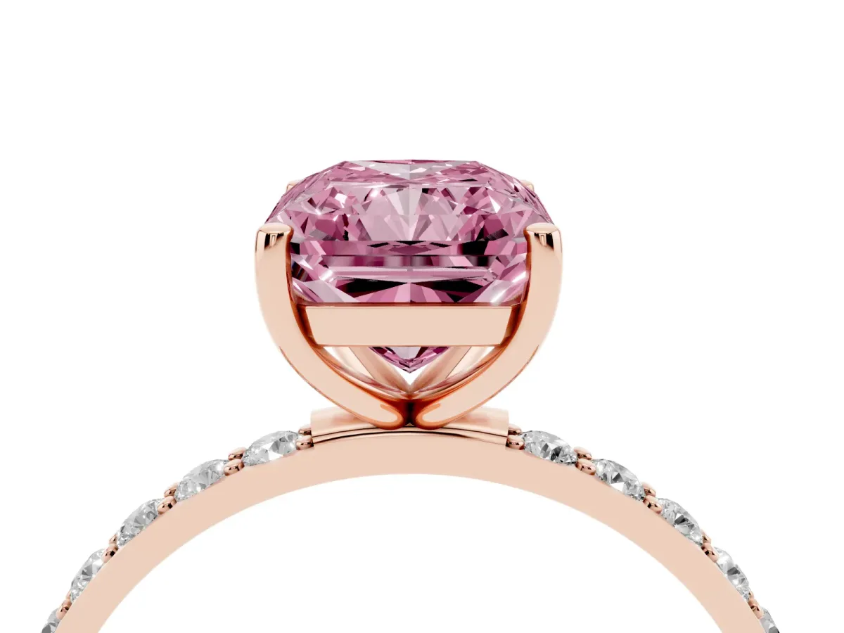 Fancy Pink Radiant Cut Diamond Solitaire Ring with Round Pavé Shoulders and Prong Setting Rose gold