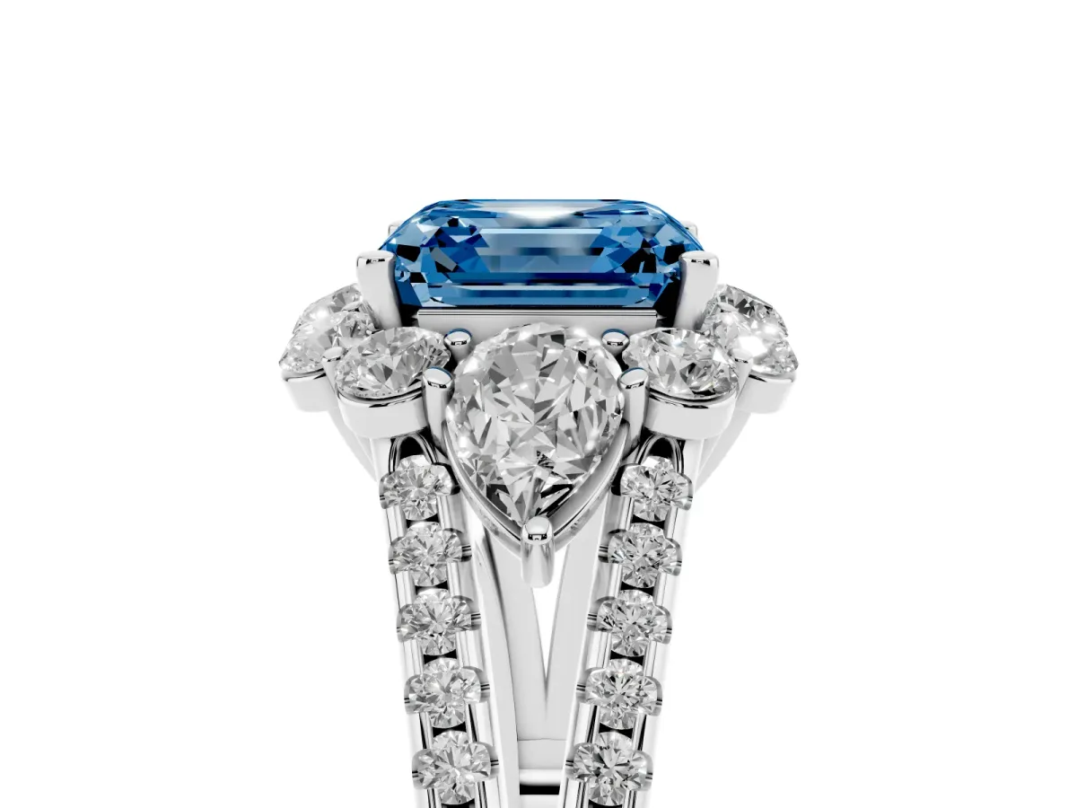 Fancy Blue Asscher Cut Halo Split Shank Diamond Engagement Ring with Prong Setting Silver