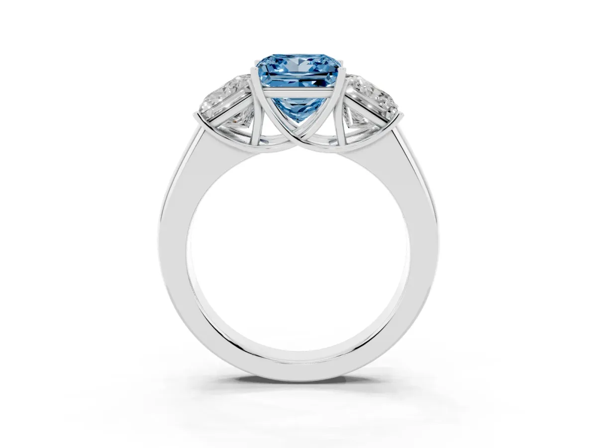 Fancy Blue Three-Stone Princess Cut Cut Diamond Ring with Prong Setting and Classic Band Silver