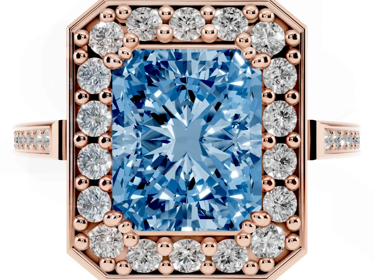 Fancy Blue Radiant Cut Diamond Halo Ring with Split Shank and Four-Prong Setting Rose gold