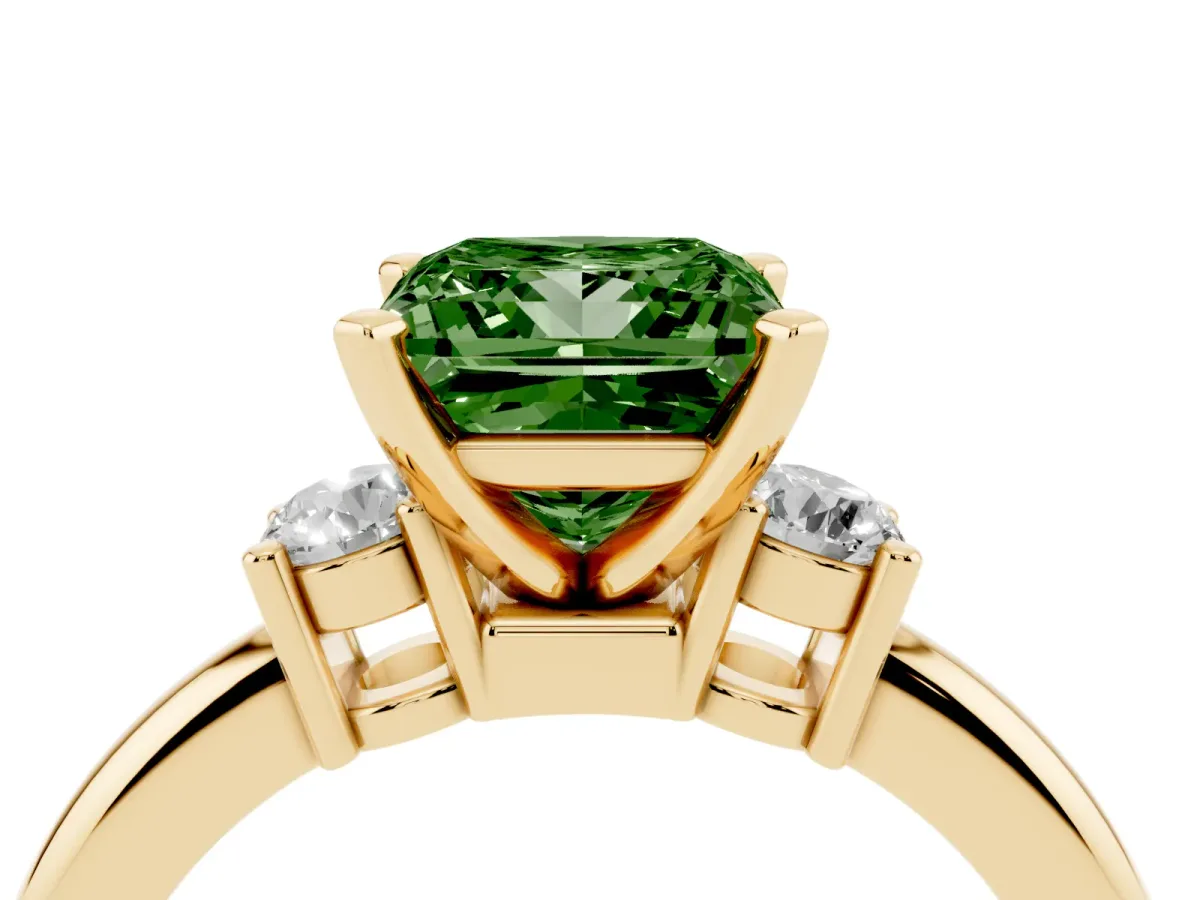 Fancy Green Three-Stone Princess Cut Cut Diamond Solitaire with Prong Setting and Classic Band Yellow gold