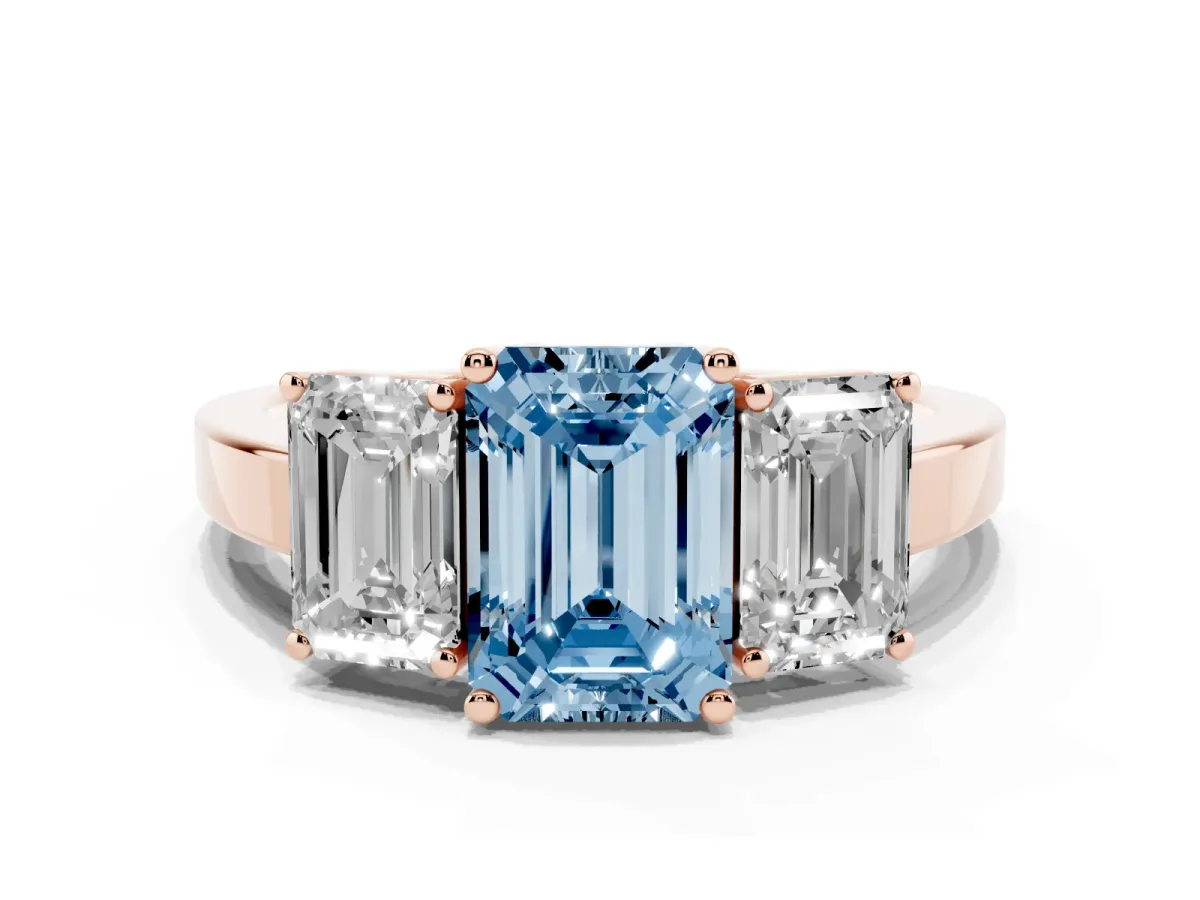 Fancy Blue Three-Stone Emerald Cut Cut Diamond Engagement Ring with Flat Band and Four-Prong Setting Rose gold