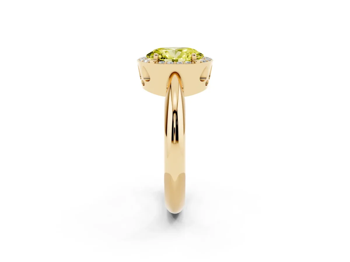 Fancy Yellow Oval Cut Cut Diamond Halo Engagement Ring with Split Shank and Four-Prong Setting Yellow gold
