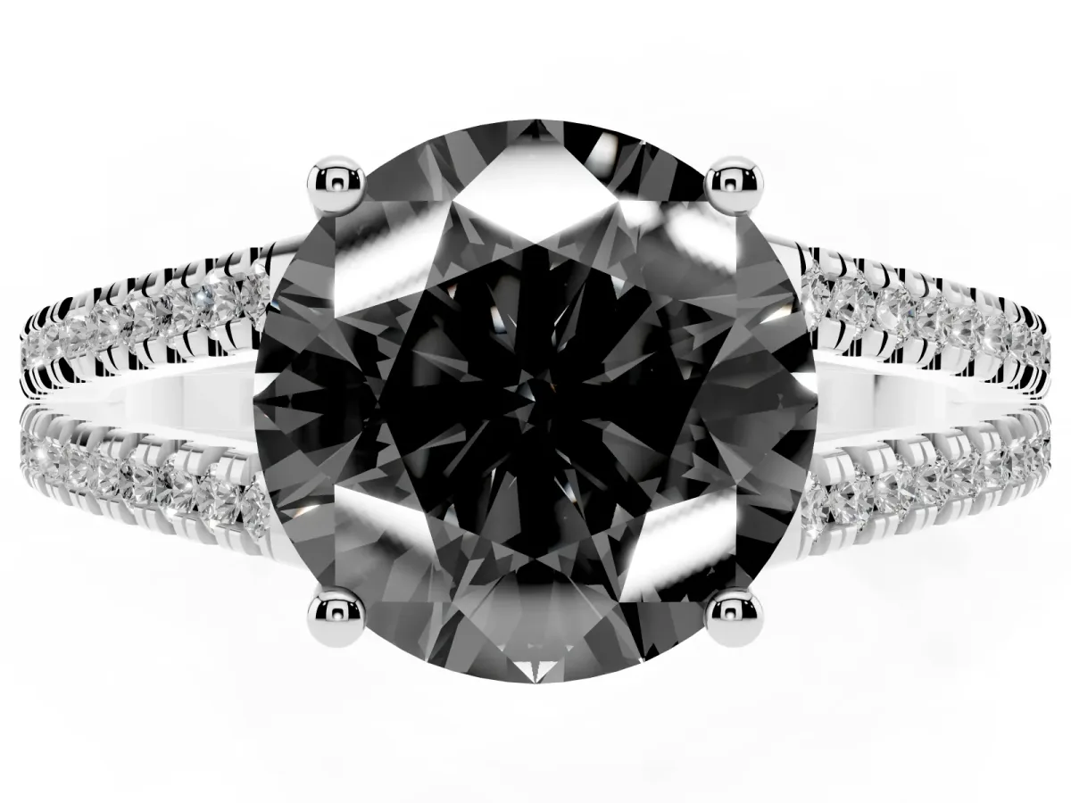 Fancy Black Round Cut Diamond Solitaire Engagement Ring with Split Shank Pavé Band Platinum