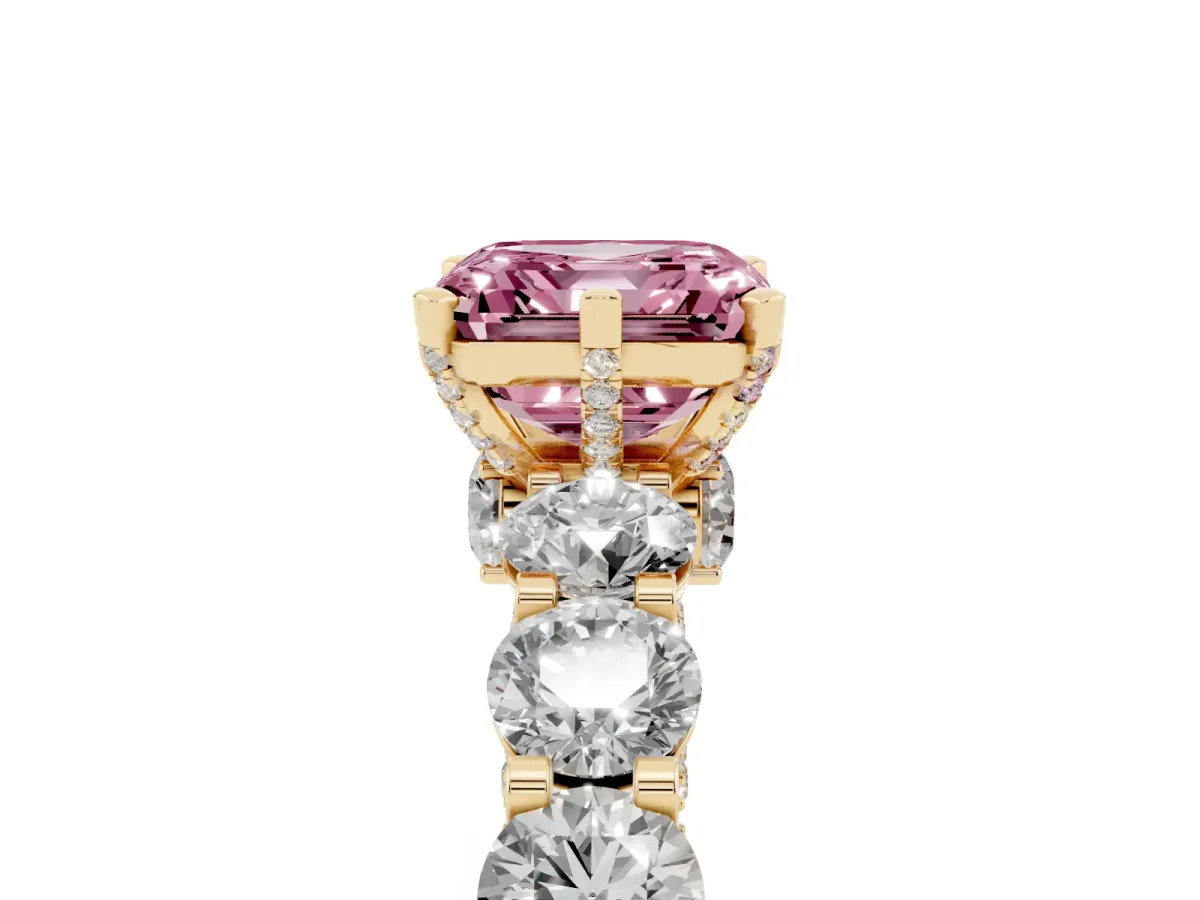 Fancy Pink Asscher Cut Diamond Side Stone Engagement Ring with Four-Prong Setting Yellow gold