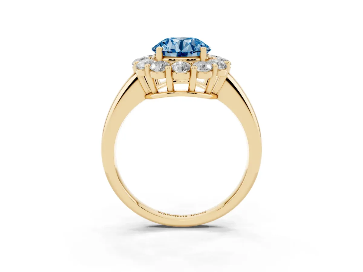 Fancy Blue Round Cut Halo Cluster Diamond Engagement Ring with Prong Setting and Polished Band Yellow gold
